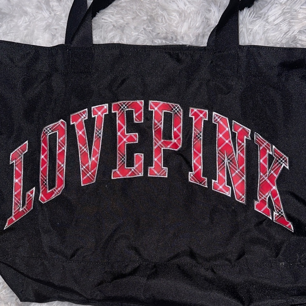 PINK Victoria's Secret Black Tote with Red Plaid Lettering NWOT